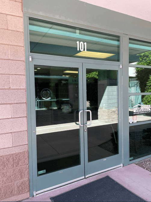 a glass door with a glass window